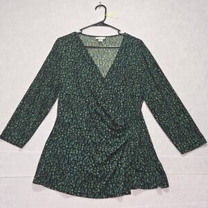 Jaclyn Smith Collection Womens Wrap Style Blouse Top Green Black Print XL